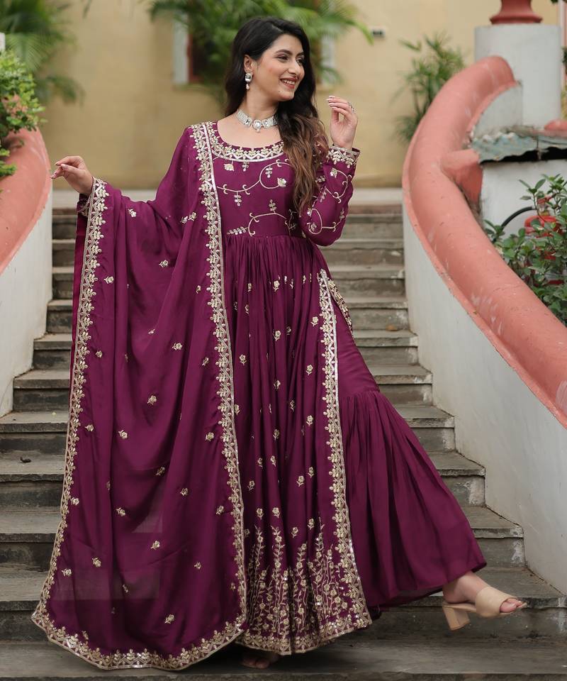 Wine chinon embroidered designer anarkali sharara set