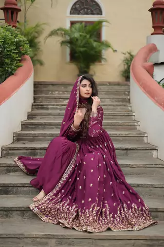 designer wine chinon sharara anarkali set