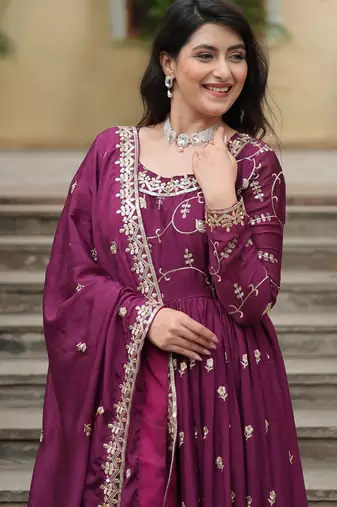 designer wine chinon sharara anarkali set