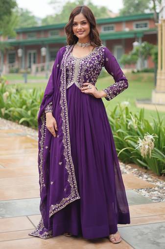 designer purple faux blooming anarkali with dupatta