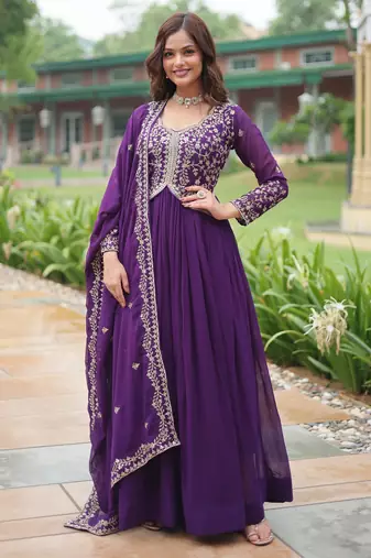 designer purple faux blooming anarkali with dupatta