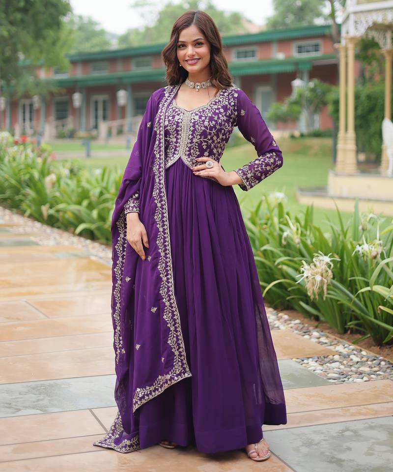 designer purple faux blooming anarkali with dupatta