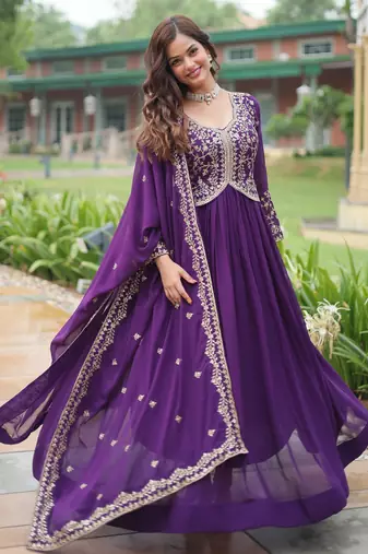 designer purple faux blooming anarkali with dupatta