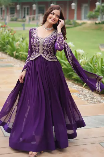 designer purple faux blooming anarkali with dupatta