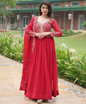 designer red faux blooming embroidered anarkali 1