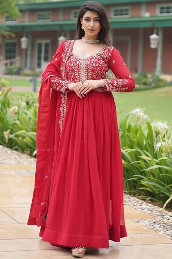 designer red faux blooming embroidered anarkali