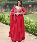 designer red faux blooming embroidered anarkali