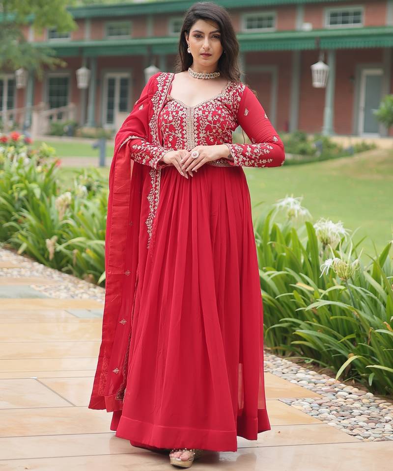 designer red faux blooming embroidered anarkali