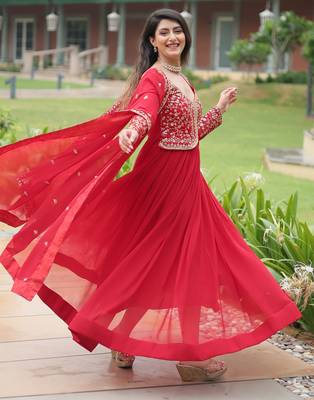 designer red faux blooming embroidered anarkali 2