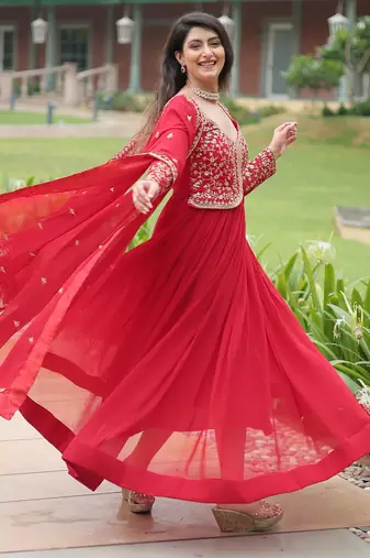 designer red faux blooming embroidered anarkali