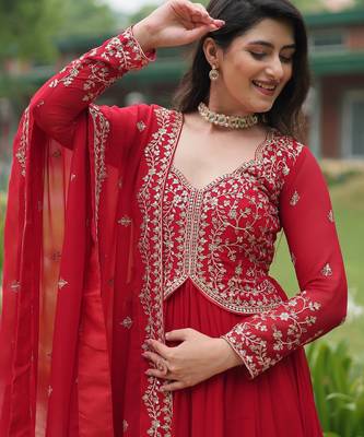 designer red faux blooming embroidered anarkali 3