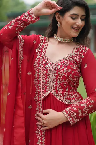 designer red faux blooming embroidered anarkali