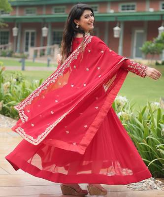 designer red faux blooming embroidered anarkali 4