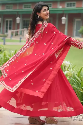 designer red faux blooming embroidered anarkali