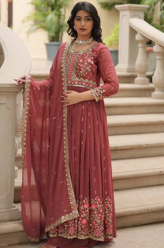 Coffee faux georgette embroidered designer anarkali sharara set
