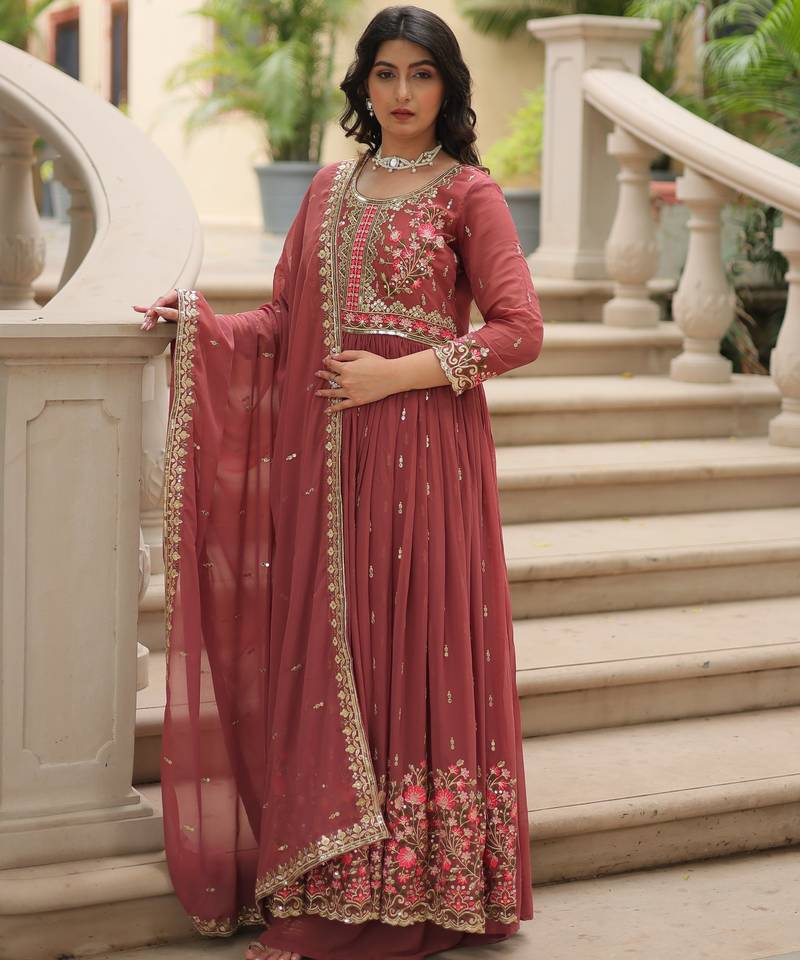 Coffee faux georgette embroidered designer anarkali sharara set