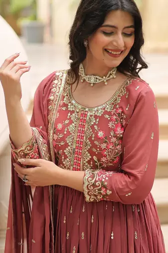 coffee faux georgette anarkali plazo set