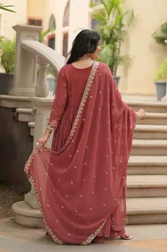 coffee faux georgette anarkali plazo set