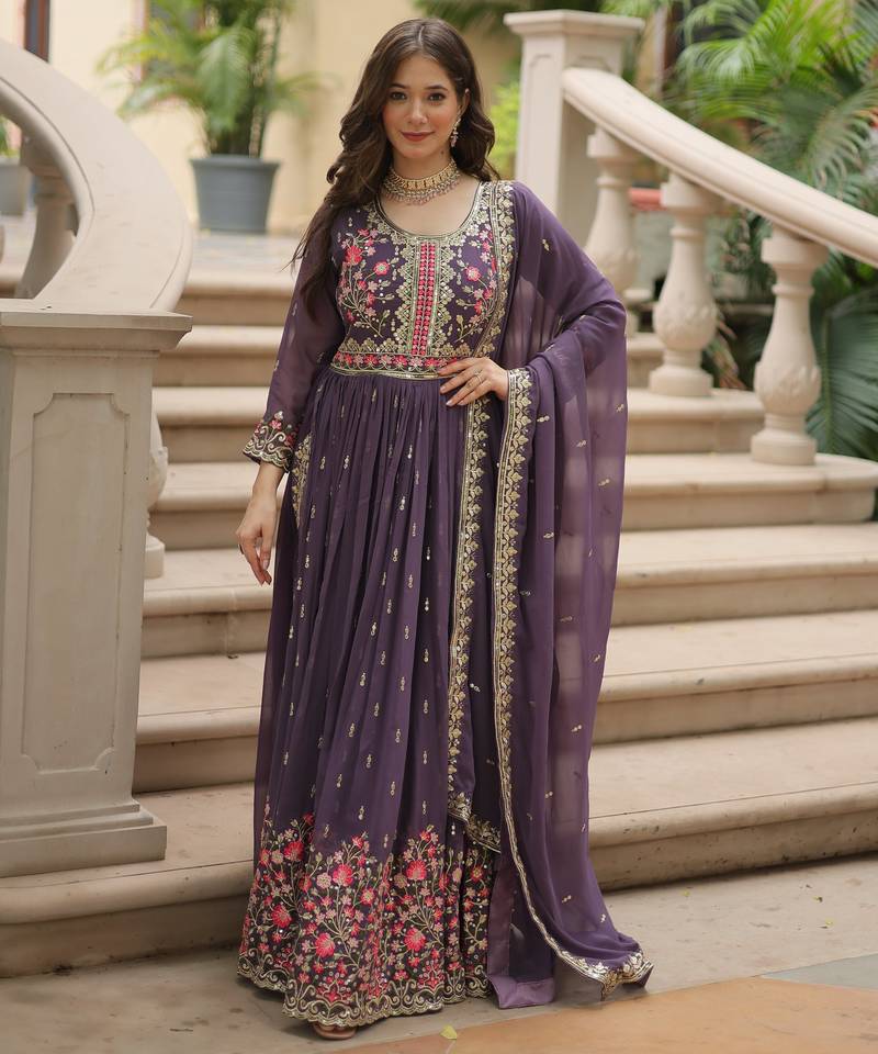 Onion faux georgette embroidered designer anarkali sharara set