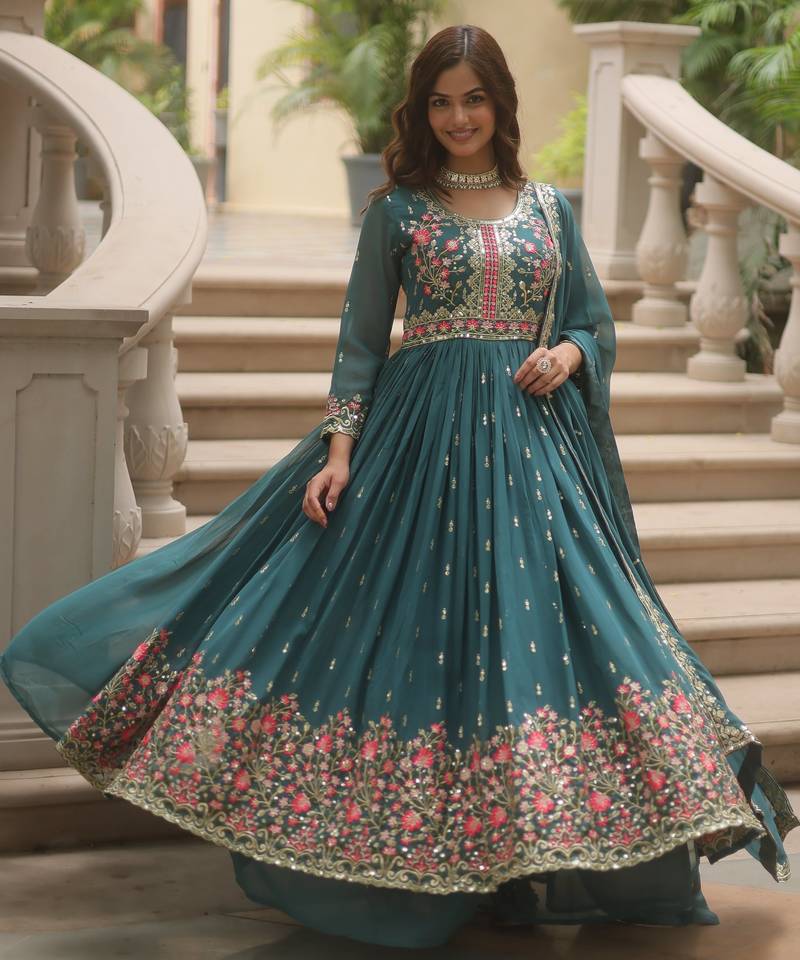 Rama faux georgette embroidered designer anarkali sharara set