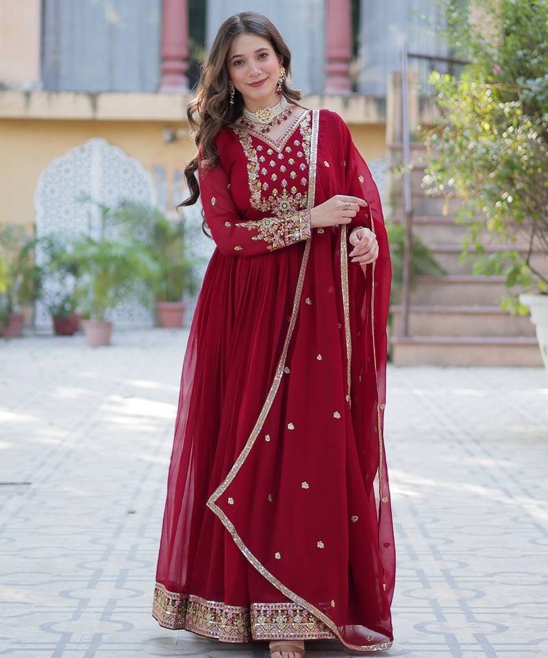 maroon faux georgette kurta set with sequin embroidery