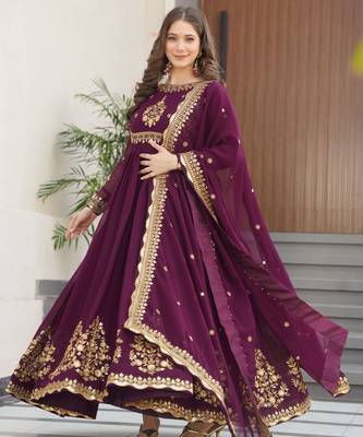 wine faux georgette kurta set with zari sequin work 1