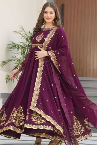 Wine faux georgette embroidered designer anarkali gown with dupatta