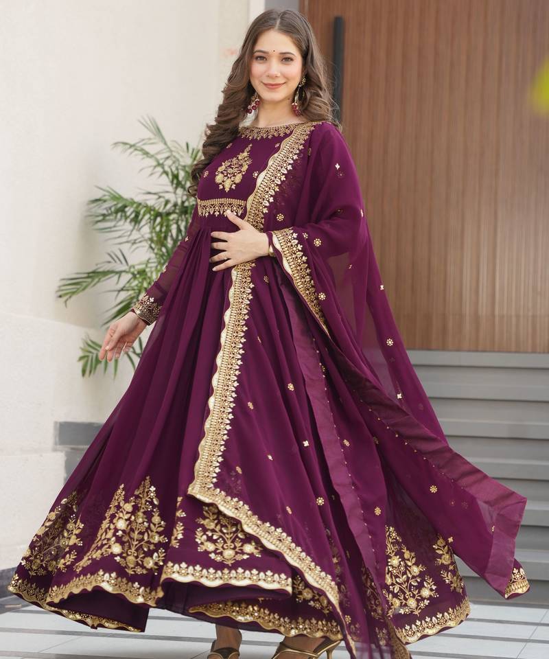wine faux georgette kurta set with zari sequin work
