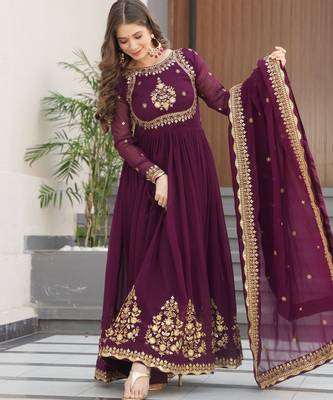 wine faux georgette kurta set with zari sequin work 2
