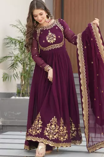 wine faux georgette kurta set with zari sequin work