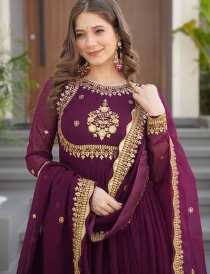 wine faux georgette kurta set with zari sequin work 3
