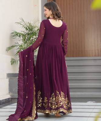 wine faux georgette kurta set with zari sequin work 4