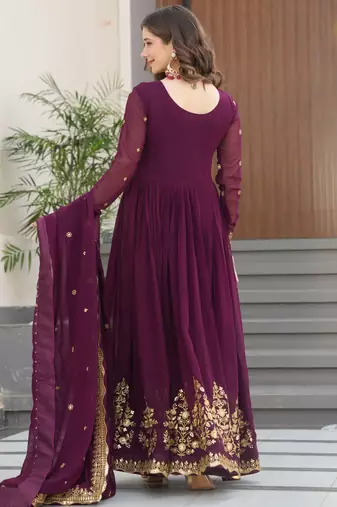 wine faux georgette kurta set with zari sequin work