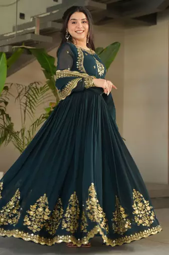 morpich faux georgette kurta set with zari sequin work