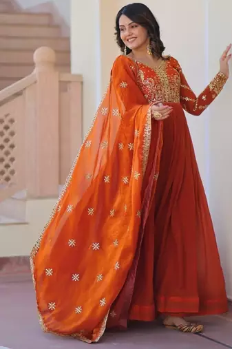 orange fendi kurta set with sequins & zari embroidery