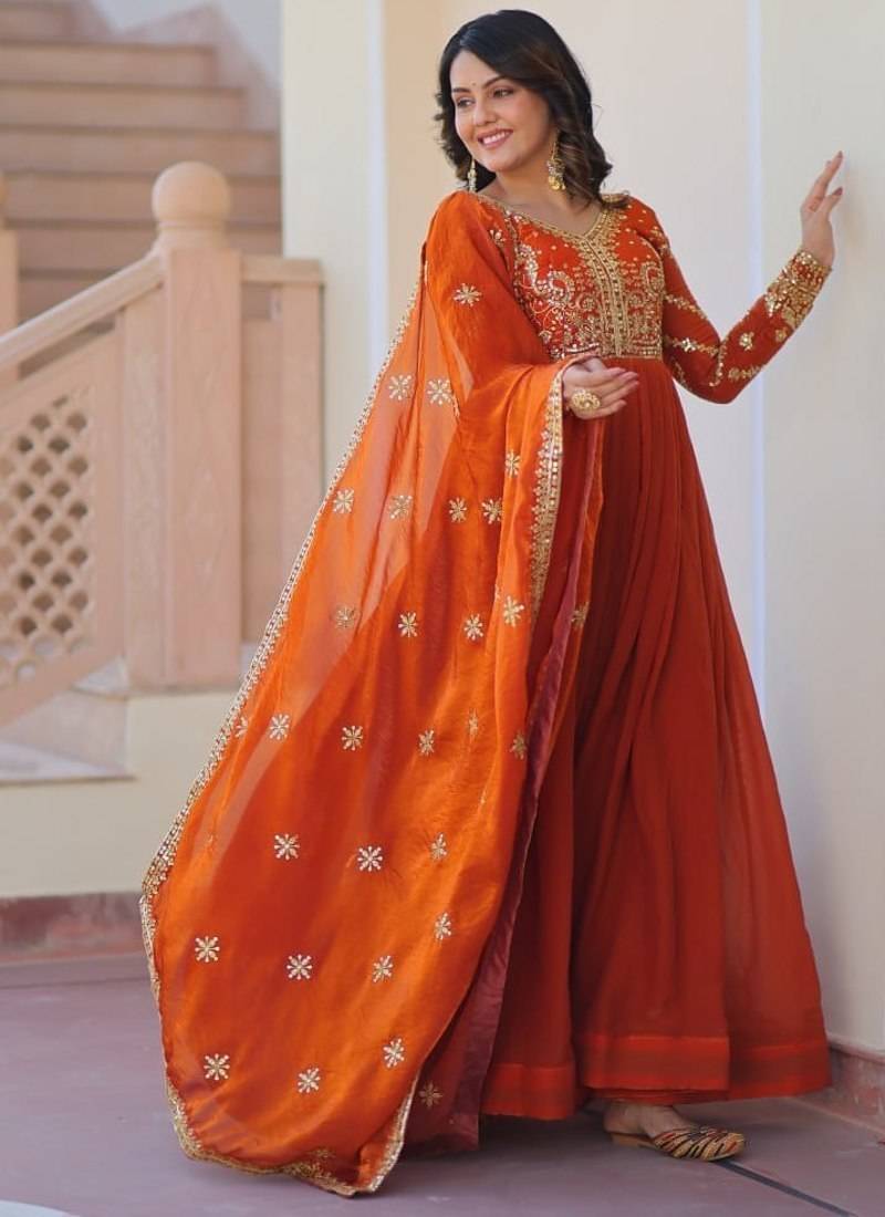orange fendi kurta set with sequins & zari embroidery