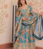 designer sky blue russian silk anarkali set