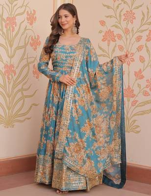 designer sky blue russian silk anarkali set 2