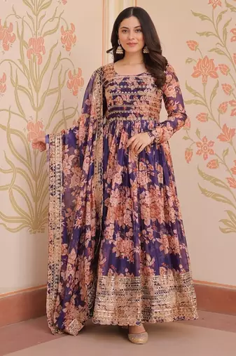 Purple russian silk embroidered designer anarkali gown with dupatta