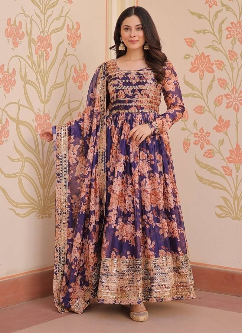 designer purple silk embroidered anarkali set