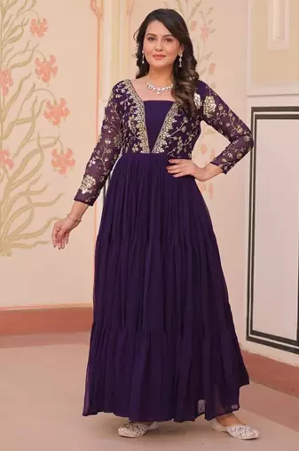 Purple faux blooming embroidered designer anarkali gown