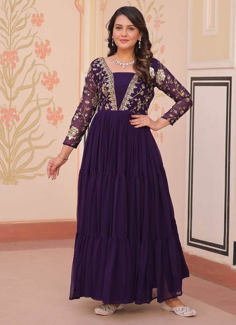 purple faux blooming anarkali with embroidery
