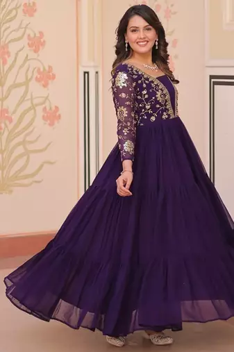 purple faux blooming anarkali with embroidery