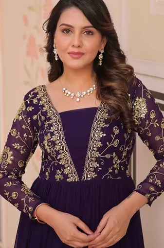 purple faux blooming anarkali with embroidery
