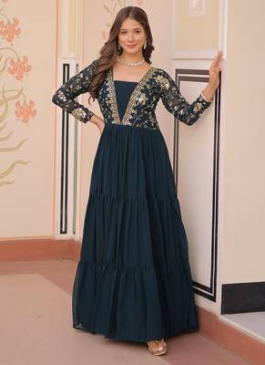 designer teal a-line faux blooming anarkali gown 1