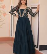 designer teal a-line faux blooming anarkali gown