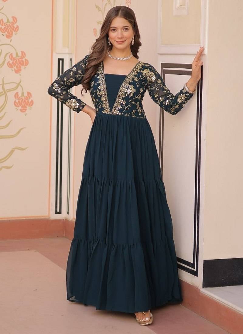 designer teal a-line faux blooming anarkali gown