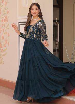 designer teal a-line faux blooming anarkali gown 2