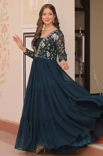 designer teal a-line faux blooming anarkali gown