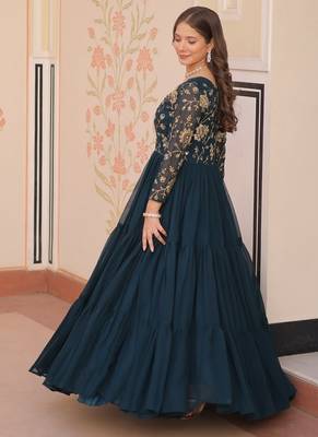 designer teal a-line faux blooming anarkali gown 3